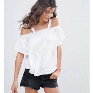 We the Free Off the Shoulder short sleeve Ruched Smock Peasant Flowy White Top